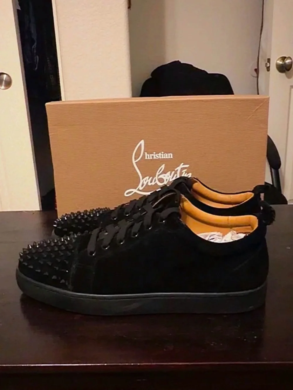 Christian Louboutin Men’s Black Suede Spike-Embellished Low Top Sneakers